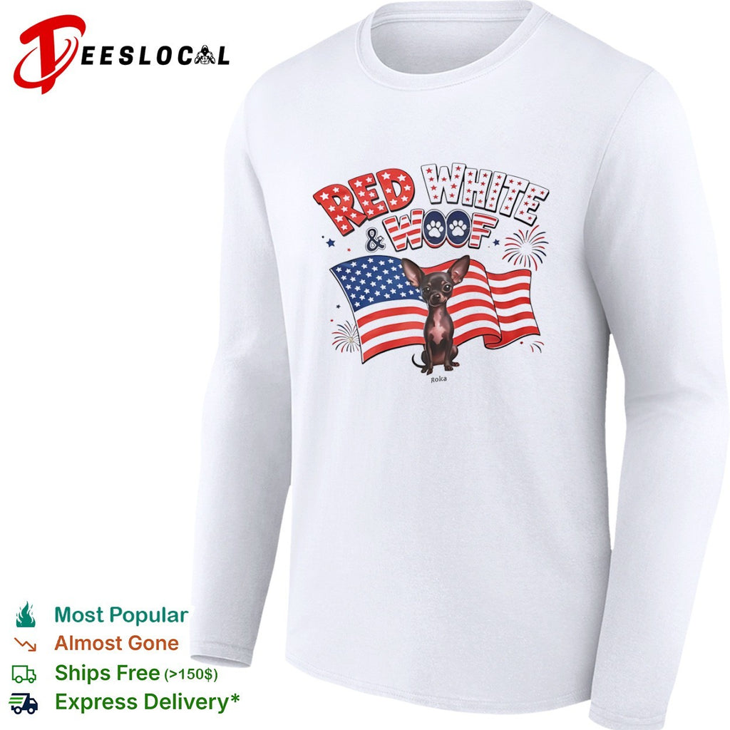 Chihuahua red white and woof US flag shirt