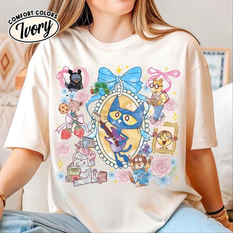 Children's Books Characters Back To School Shirt, Preppy Teacher Library Book Club Shirt, Kids 1st Day of School Shirt,...