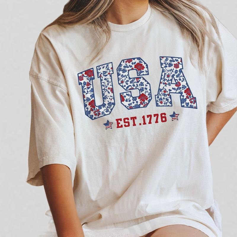 Chinoiserie Floral 4th of July Shirt, Vintage USA Ets 1776 Tee, Summer Red White Blue Top, Indepence Day Women's T-Shirt,...