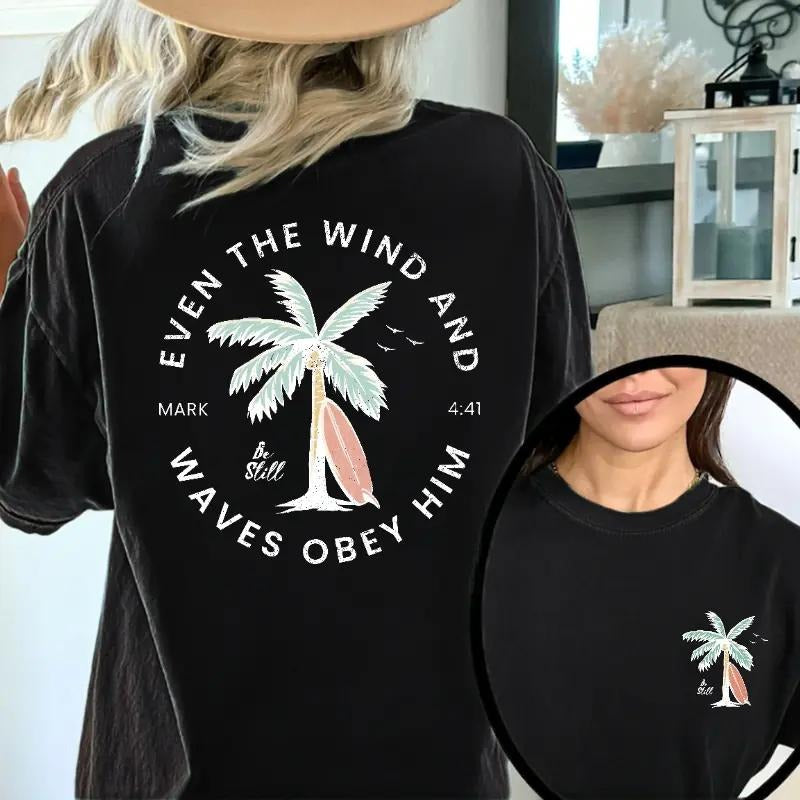 Christian Bible Verse Pattern T Shirt, Beachy Backprint Tops, Trendy Coconut Tree Shirt Unisex Tee Teen Baptism Gift...
