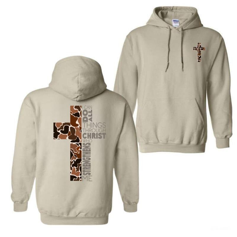 Christian Camo Cross Hoodie, Jesus Hoodie, Philippians 4:13 Verse, Faithful Believers & Outdoorsmen, Inspirational...