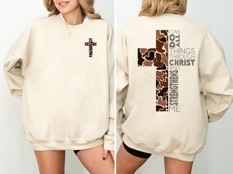 Christian Camo Cross Sweatshirt, Jesus Sweatshirt, Philippians 4:13 Verse, Faithful Believers & Outdoorsmen,...