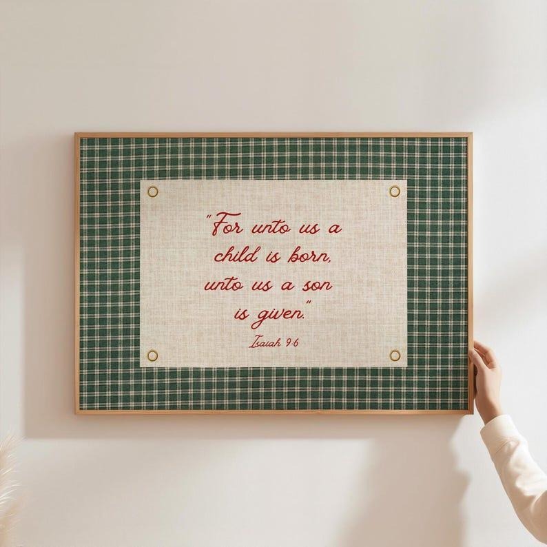 Christian Christmas Gingham Poster, Vintage Christmas Wall Art, Bible Holiday Decor, God-Inspired Christmas Family...
