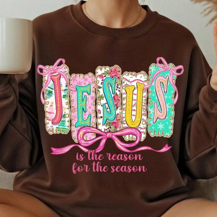Christian Christmas Retro Jesus Is The Reason For The Season Sweater, Coquette Bow Holiday Tee, Gingham Doodle Jesus...