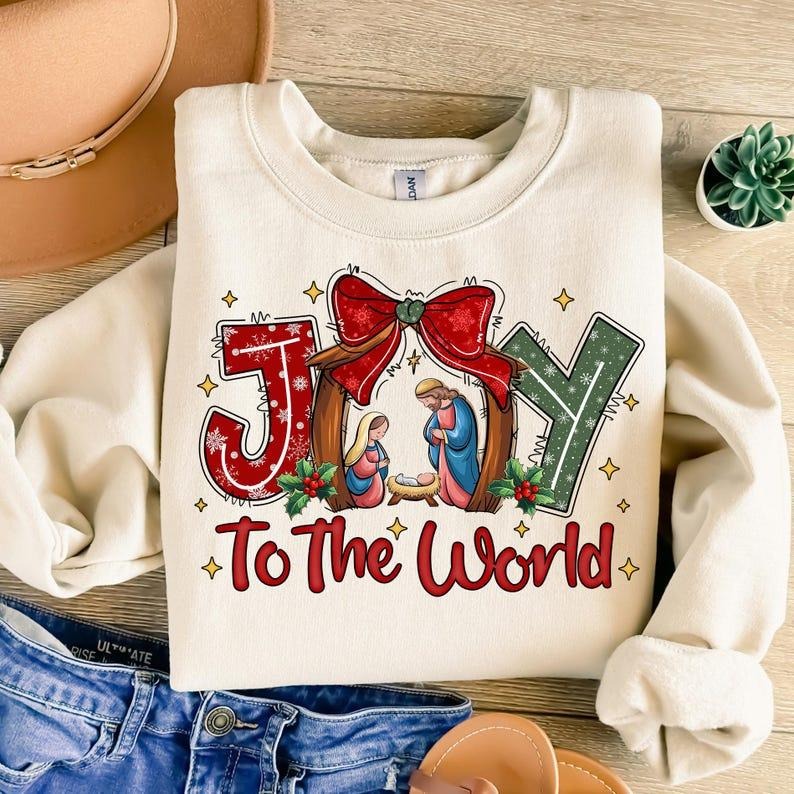 Christian Christmas Sweatshirt, Joy To The World Coquette Jesus Christmas Shirt, Oh Holy Night Hoodie | PodTeesHub.com