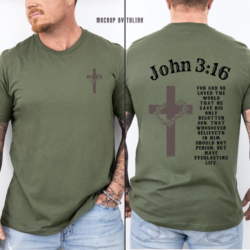 Christian Faith T-shirt, John 3:16 Bible Verse with Cross and Crown of Thorns, Religious Scripture Print for Men,...
