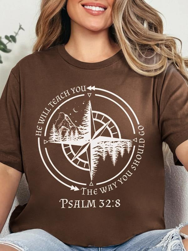 Christian Pattern Unisex Coffee Casual T-Shirt with Compass Design and Psalm 32:8 Text, Faith Theme Clothing for Church...