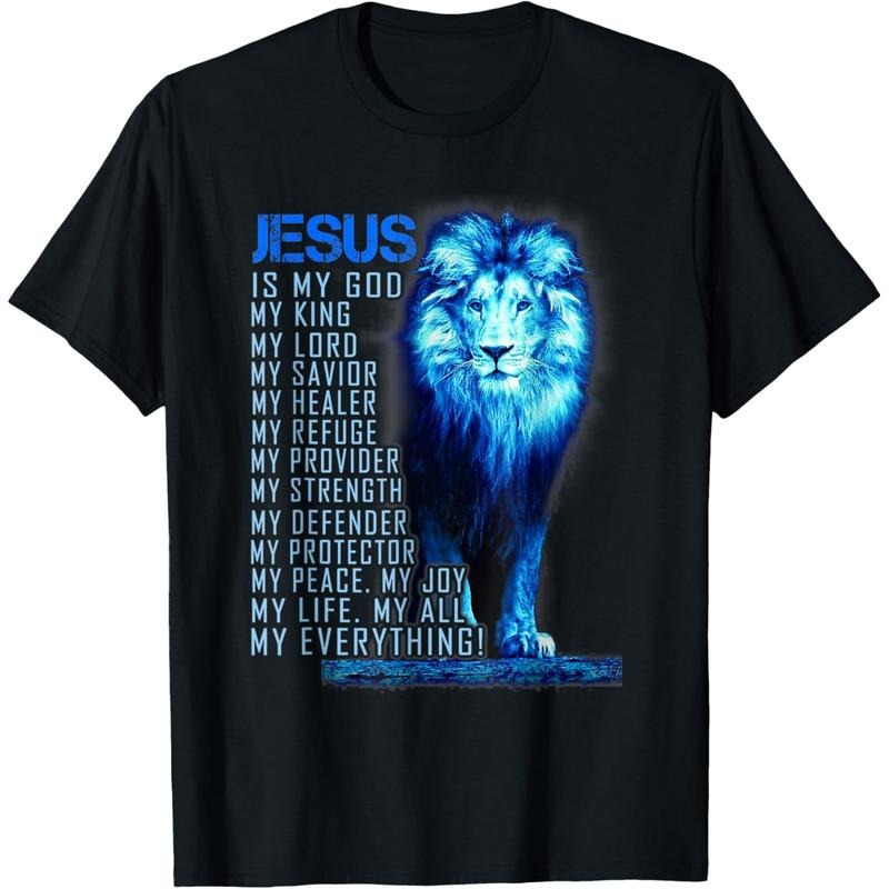 Christian T-shirt [100% Cotton] Majestic Blue Lion T-Shirt With Jesus My Savior And King Design . tokwear Tee Hoodie,...