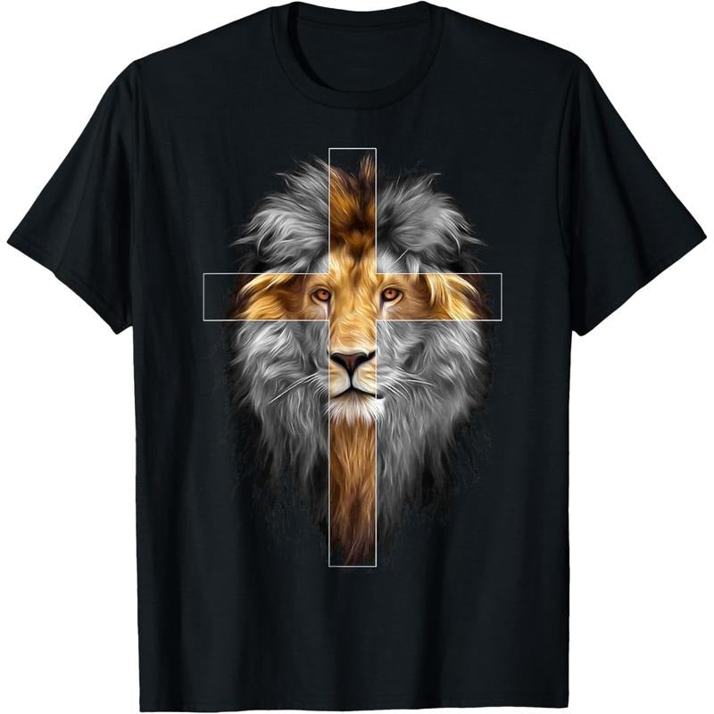 Christian T-shirt [100% Cotton] Majestic Lion Face T-Shirt With Bold Cross Design Symbolizing Strength And Faith. tokwear...