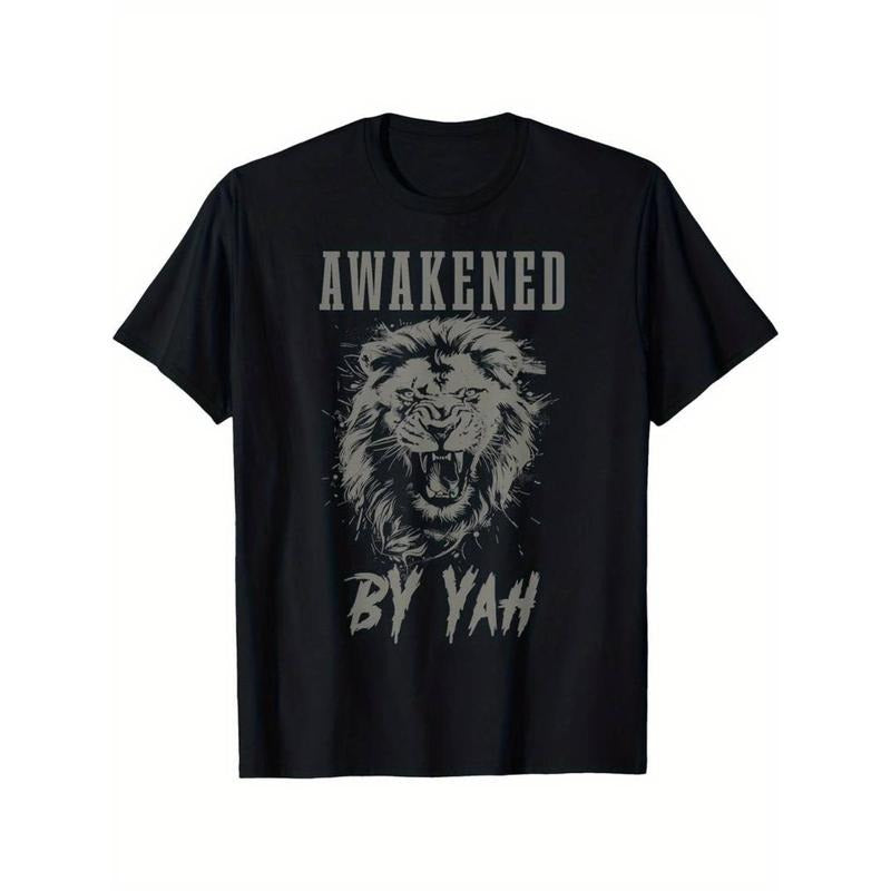 Christian T-shirt Awakened By Yah Hebrew Lion Of Judah Jewish Yahweh T-Shirt Funny Men's Short Sleeve Graphic T-shirt...