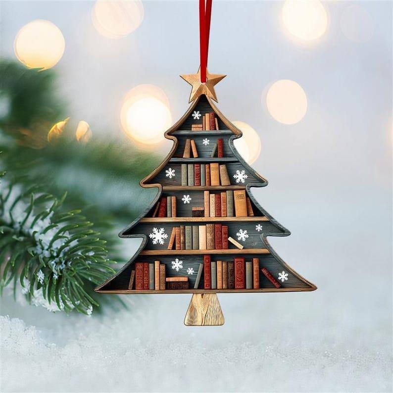 Christmas Book Tree 2D Wood Ornament, Christmas Tree Book Gift, Book Lover Gift, Book Club Ornament, Bookish Ornament,...