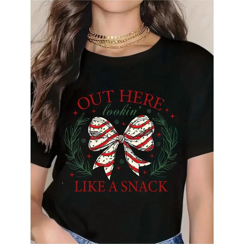 Christmas Bow T-Shirt Out Here Lookin' Like A Snack Funny Holiday Graphic Tee For Women, Festive Christmas Sweater Style...