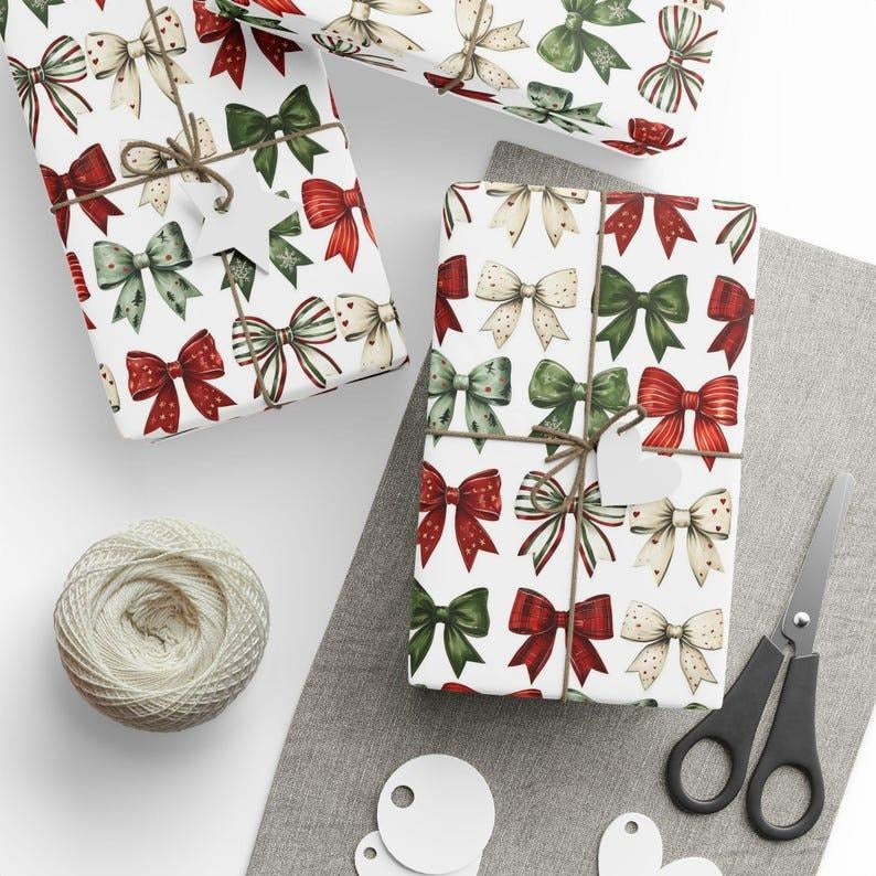 Christmas Bow Wrapping Paper Holiday Gift Wrap Red and Green Ribbon Design Festive Christmas Packaging Rustic Holiday...