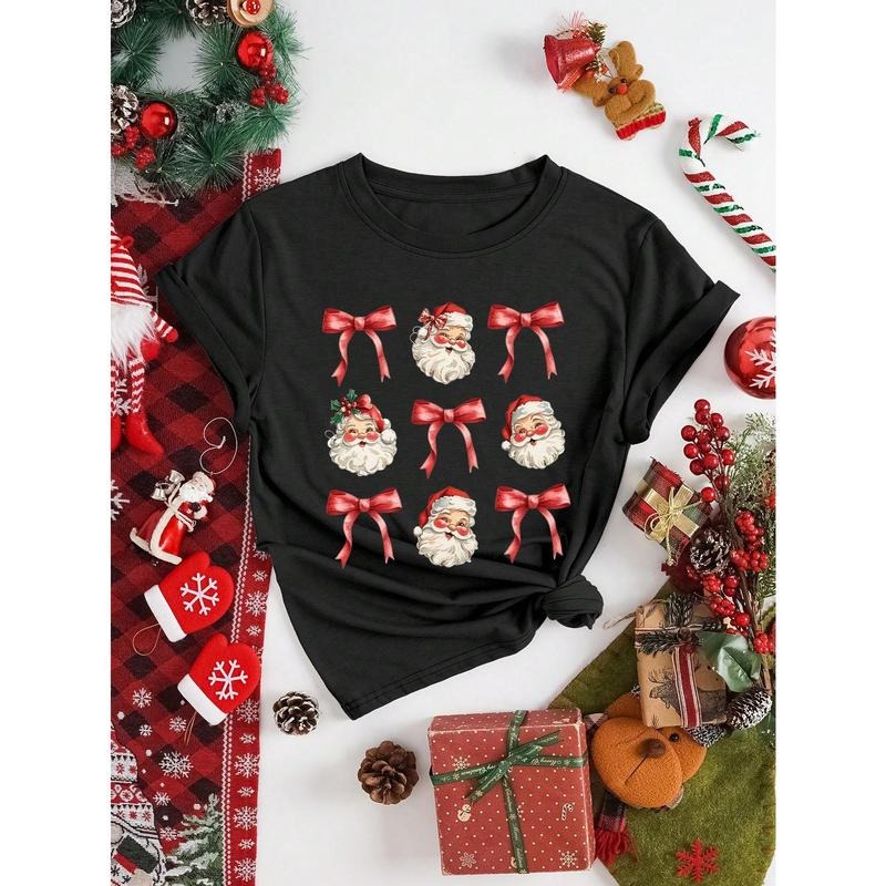 Christmas Bowknot & Santa Claus Printed Round Neck Short Sleeve T-Shirt Graphic Tees Women Tops Hoodie, Sweatshirt
