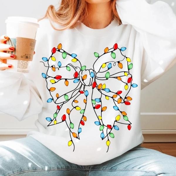 Christmas Butterfly Lights Printed Long Sleeve Sweatshirt for Women, Sparkly Holiday Shirt, Cute Christmas Gift Idea Hoodie