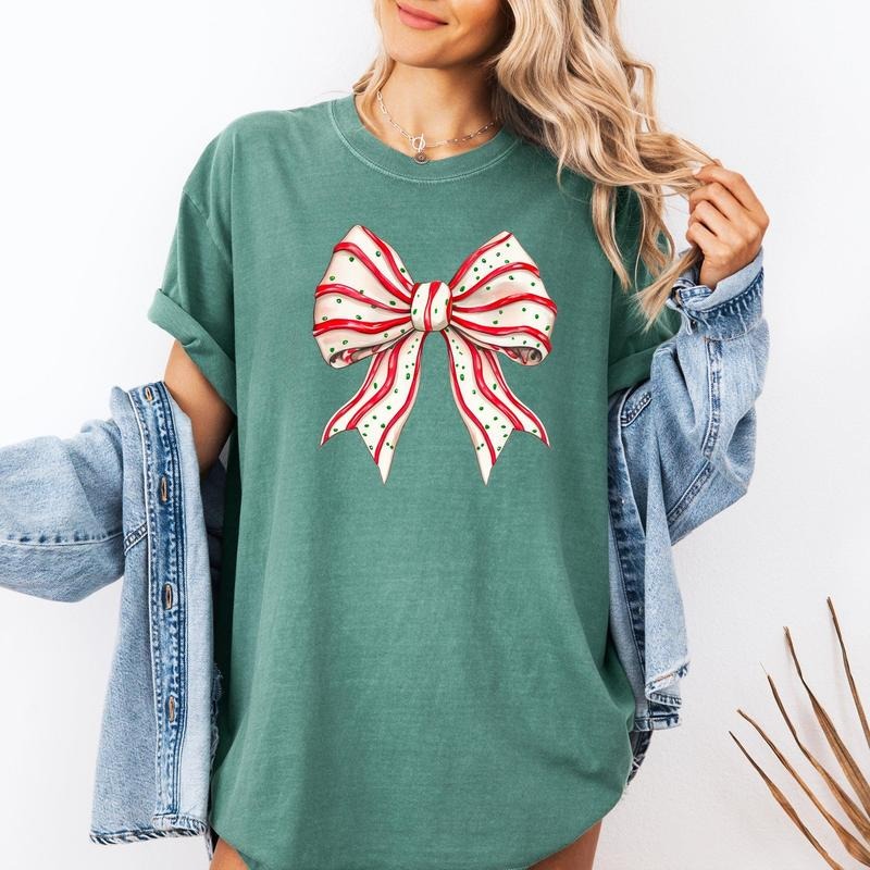 Christmas Cake Bow, Ribbon, Coquette, Cute, Winter, Santa, Snow Tshirt, Christmas Comfort Colors Tshirt, Women's Graphic...