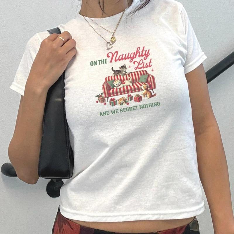 Christmas Cat Baby Tee, Candy Cane Kitten, Cute Y2K Retro Style, Women's Fitted Baby Tee, Coquette Graphic, 90s Style...