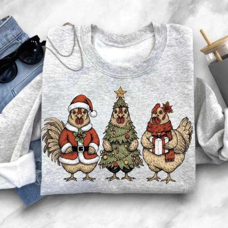 Christmas Chicken Sweatshirt , Funny Holiday Hen Sweatshirt, Santa Tree Gift Farm Animal Graphic, Festive Barnyard...