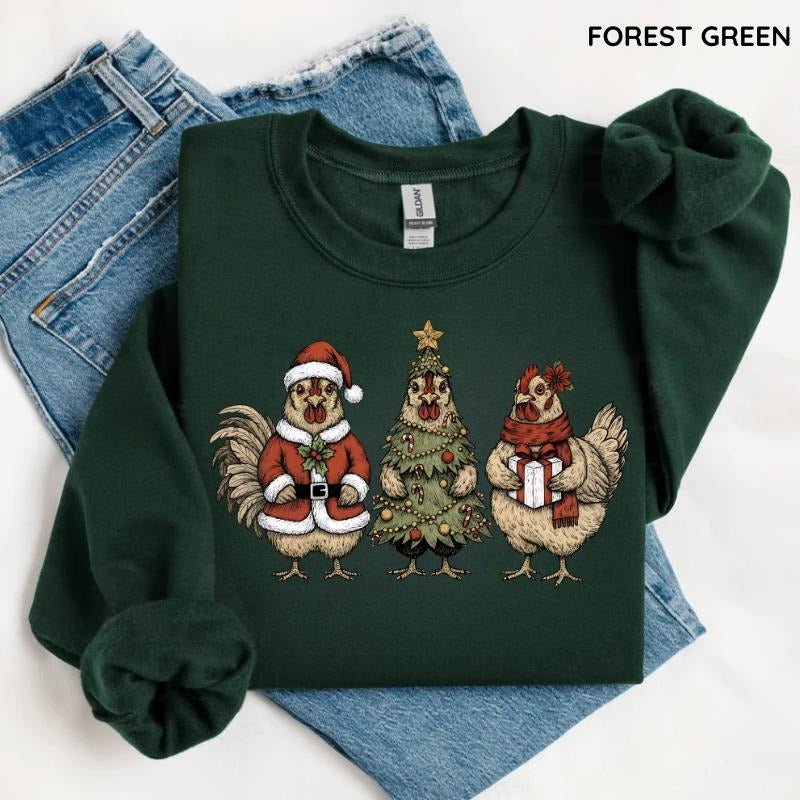 Christmas Chicken Sweatshirt, Funny Holiday Hen Sweatshirt, Santa Tree Farm Animal Shirt, Festive Barnyard Graphic...