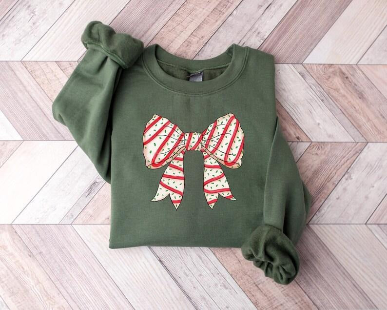 Christmas Coquette Bow Sweatshirt, Christmas Tree Cake Sweatshirt, Christmas Gifts, Aesthetic Christmas Sweatshirt, Girly...