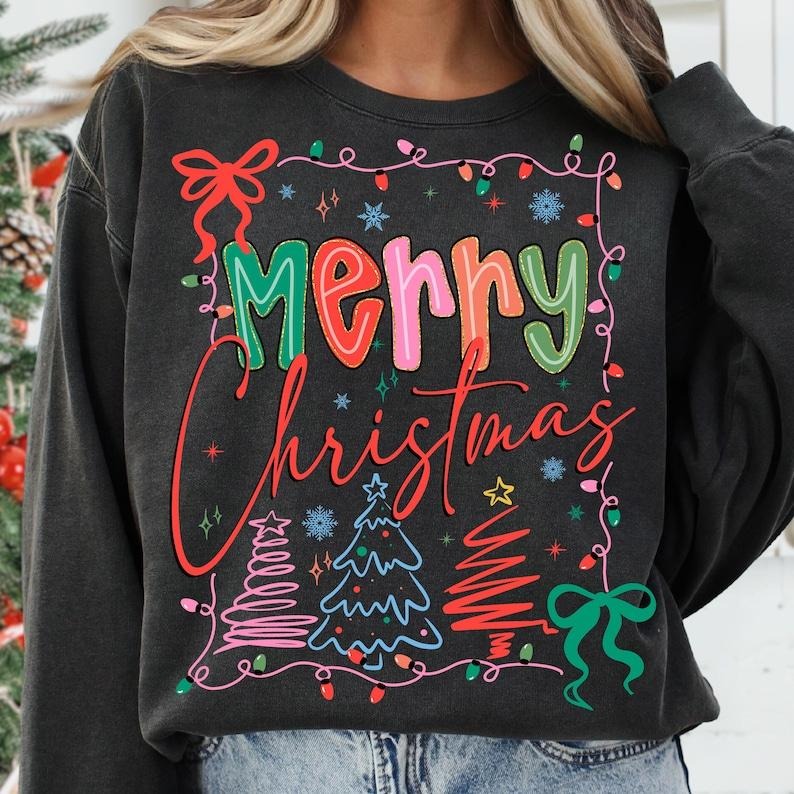 Christmas Coquette Sweatshirt, Preppy Merry and Bright Sweater, Bow Christmas Tree Shirt, Trendy Traditional Xmas Graphic...