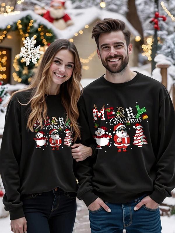 Christmas Couple Round Neck Sweatshirt, Holiday Print, Street Style, Tiktok Trend, Casual Fitted Design, Spring & Fall...