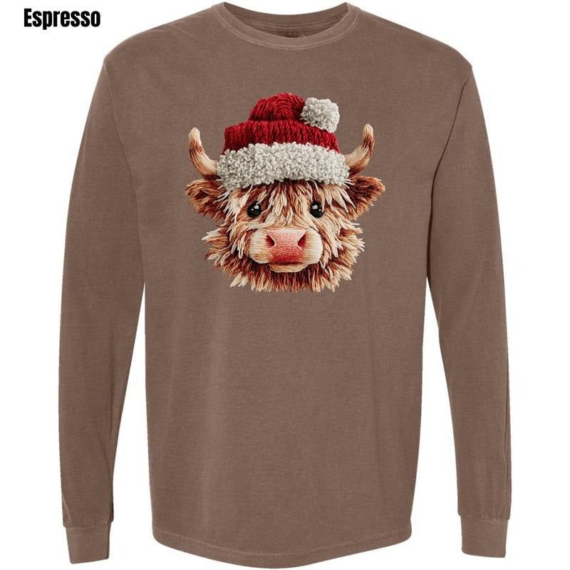 Christmas Cow FAKE Crochet Comfort Colors Long Sleeve T-Shirt 'NLB' Hoodie, Sweatshirt | PodTeesHub.com