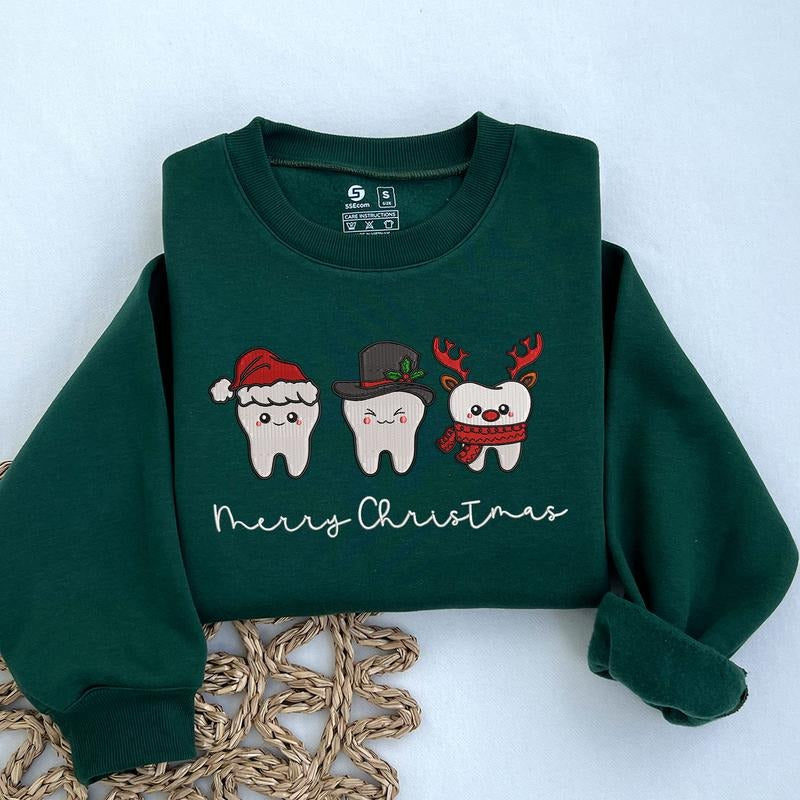 Christmas Dental Embroidered Sweatshirt: Cute Dentist Holiday Sweatshirt | Teeth Christmas Tree Sweatshirt, Dentist...