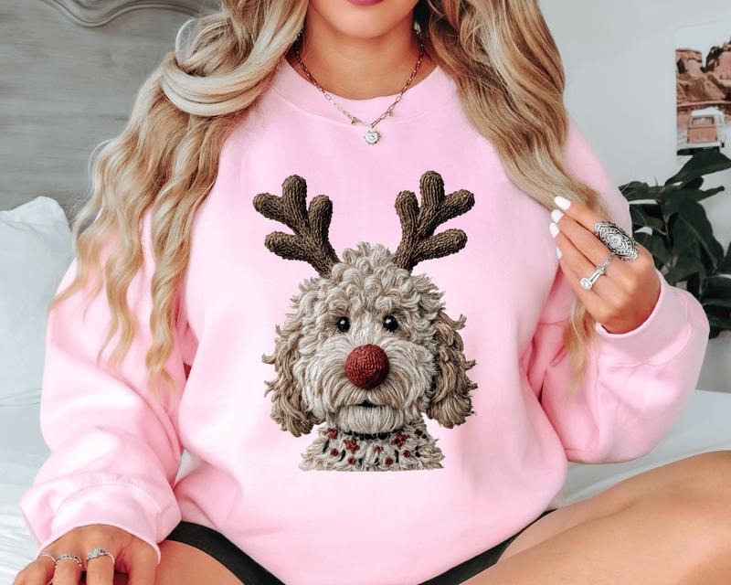 Christmas Dog Faux Yarn Reindeer Dog Crewneck Christmas Sweatshirt. l Everyday Christmas Unisex Pullover Crewneck...