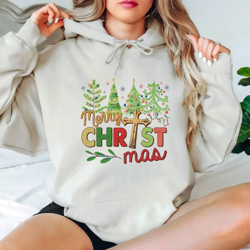 Christmas Faith Hoodie - Festive Trees and Cross Design, Soft and Cozy for Men and Women - Sweaters, Womenswear T-Shirts,...