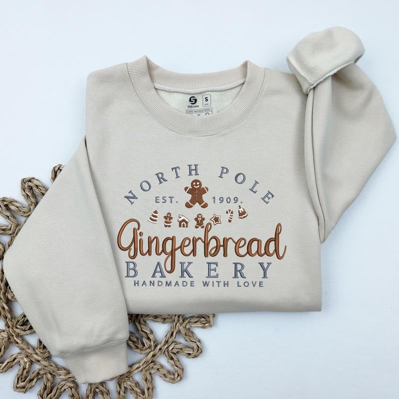 Christmas Gingerbread Bakery Embroidered Sweatshirt, Christmas Cookie Sweatshirt, Holiday Sweater T-Shirts, Hoodie