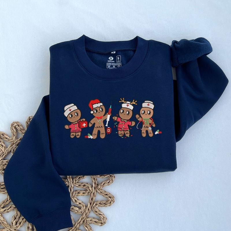 Christmas Gingerbread Nurses Embroidered Sweatshirt, Christmas Nurse Cookies Sweatshirt, RN Christmas Gift T-Shirts, Hoodie