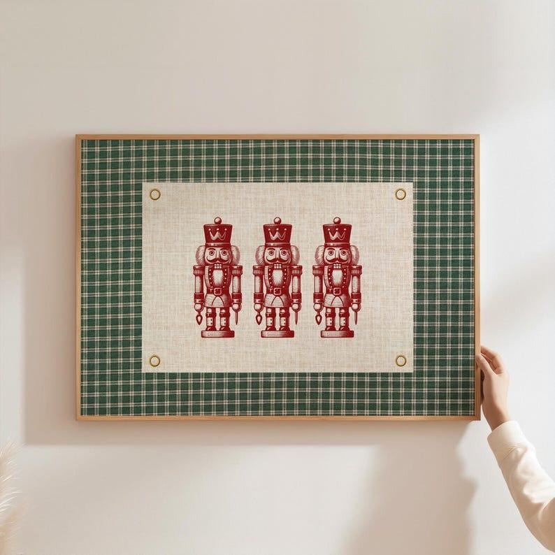 Christmas Gingham Nutcracker Poster, Vintage Christmas Wall Art, Retro Holiday Postcard Style, Christmas Family Decor,...