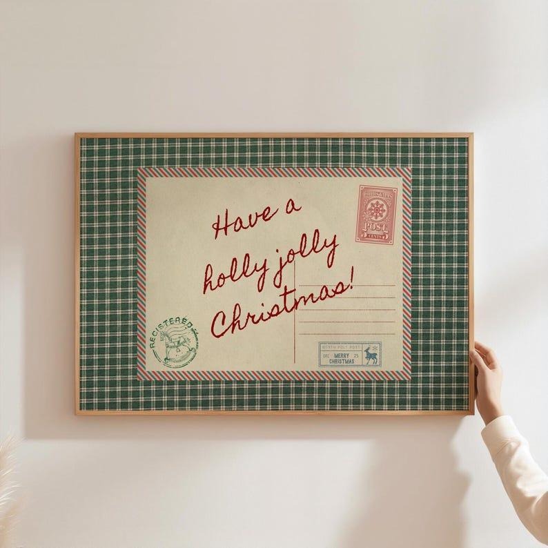 Christmas Gingham Postcard Print Poster, Vintage Christmas Wall Art, Retro Holiday Postcard Decor, Christmas Family...