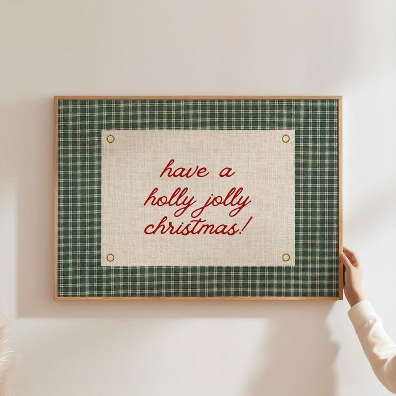 Christmas Gingham Poster, Vintage Christmas Wall Art, Retro Holiday Decor, Holly Jolly Christmas Family Artwork...