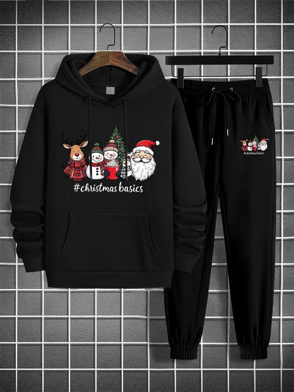 Christmas Hoodie Set, Reindeer Snowman Santa Claus Tree Print, Long Sleeve Fitted Sweatshirt, Holiday Casual Wear for Men...
