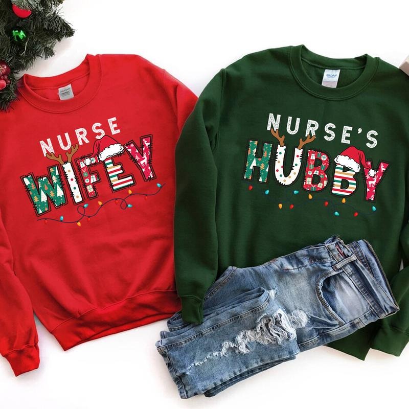 Christmas Husband & Wife Nurse Shirt, Nurse Christmas Couple Sweatshirt, Christmas Matching Nurse Shirt Hoodie