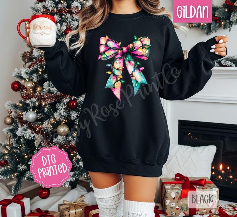 Christmas Lights Bow Sweatshirt, Trendy Women's Holiday Crewneck T-Shirts, Hoodie | PodTeesHub.com