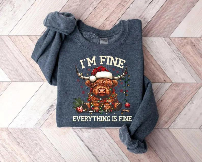 Christmas Lights Cow sweatshirt, funny Highland cow Christmas shirt, cute animal holiday crewneck, festive Christmas tee,...