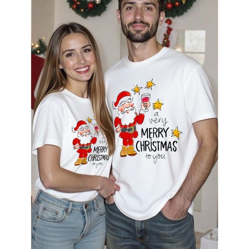 [Christmas Limited] Pure White "Merry Christmas" Fun Santa T-Shirt | Cute Cartoon Wine Glass Design | Family & Couple...