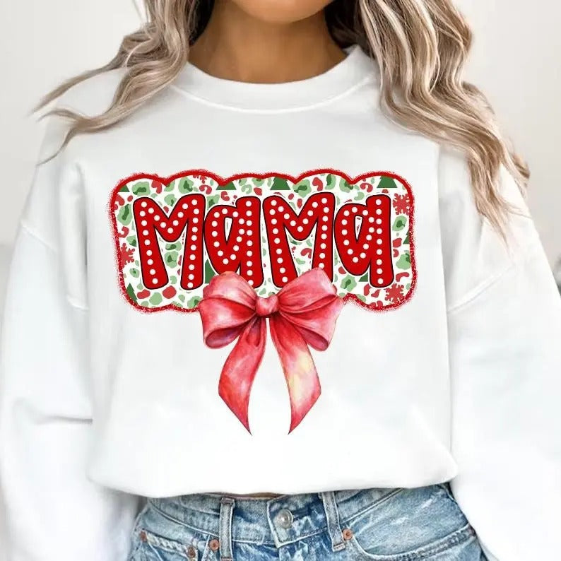 Christmas Mama Coquette Sweatshirt, Mama Claus Sweater, Christmas Tree Cake Shirt, Christmas Coquette Bow Shirt, Doodles...
