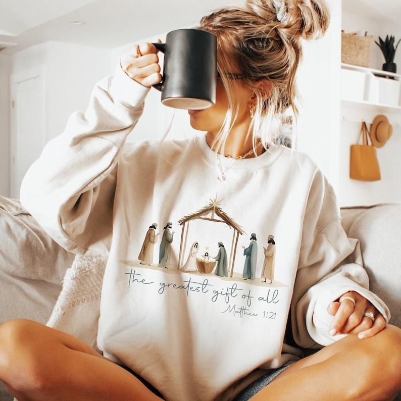 Christmas Nativity Bow Greatest Gift of All Nativity Shirt, Sublimation Shirt , Coquette Christmas Bow Sweatshirt, For...