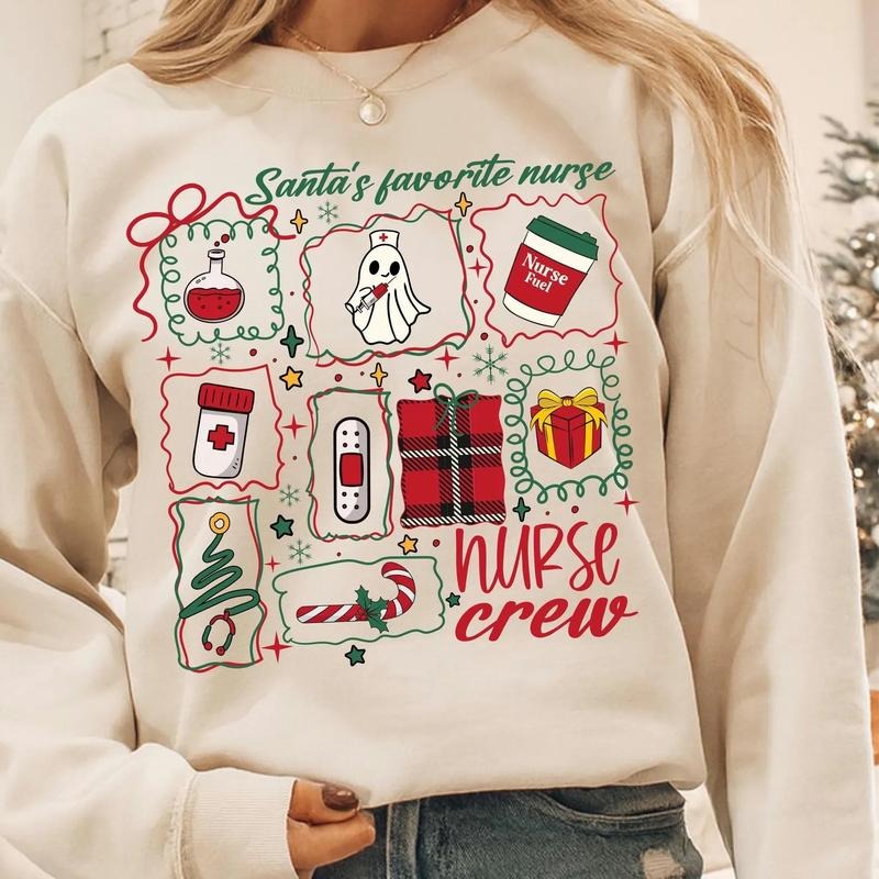 Christmas Nurse Sweatshirt and T-Shirt, Festive Nursing Sweater, Holiday School Nurse Apparel, Stethoscope Print Crew,...