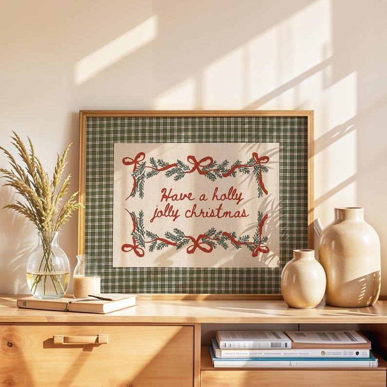 Christmas Quote Gingham Poster, Have a Holly Jolly Christmas, Vintage Holiday Wall Art, Country Cottage Winter Decor...