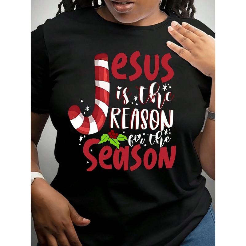 Christmas REASON FOR THE SEASON Print Crew Neck T-Shirt - Fashionable Womens Graphic Print T-Shirt - Casual Short Sleeve...