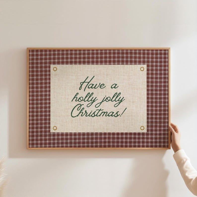 Christmas Red Gingham Poster, Vintage Christmas Wall Art, Retro Holiday Decor, Holly Jolly Christmas Family Artwork...