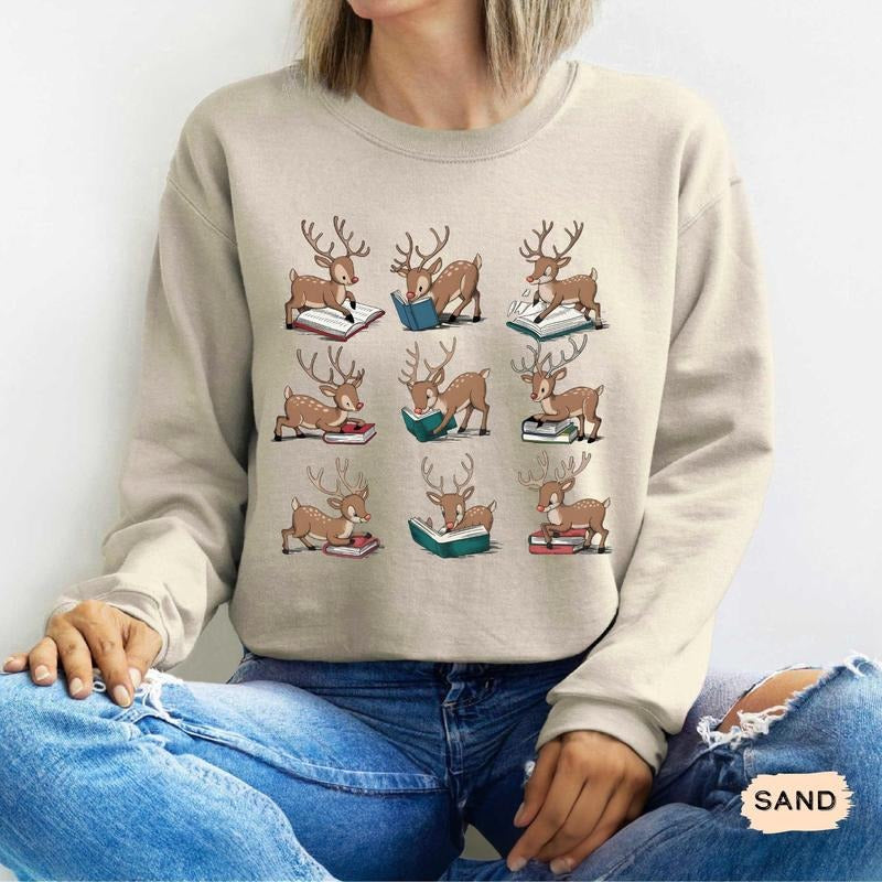 Christmas Reindeer Reading Sweatshirt Christmas Book T-shirt Book Lover Xmas Gift Winter Bookish Hoodie Bookworm Sweat