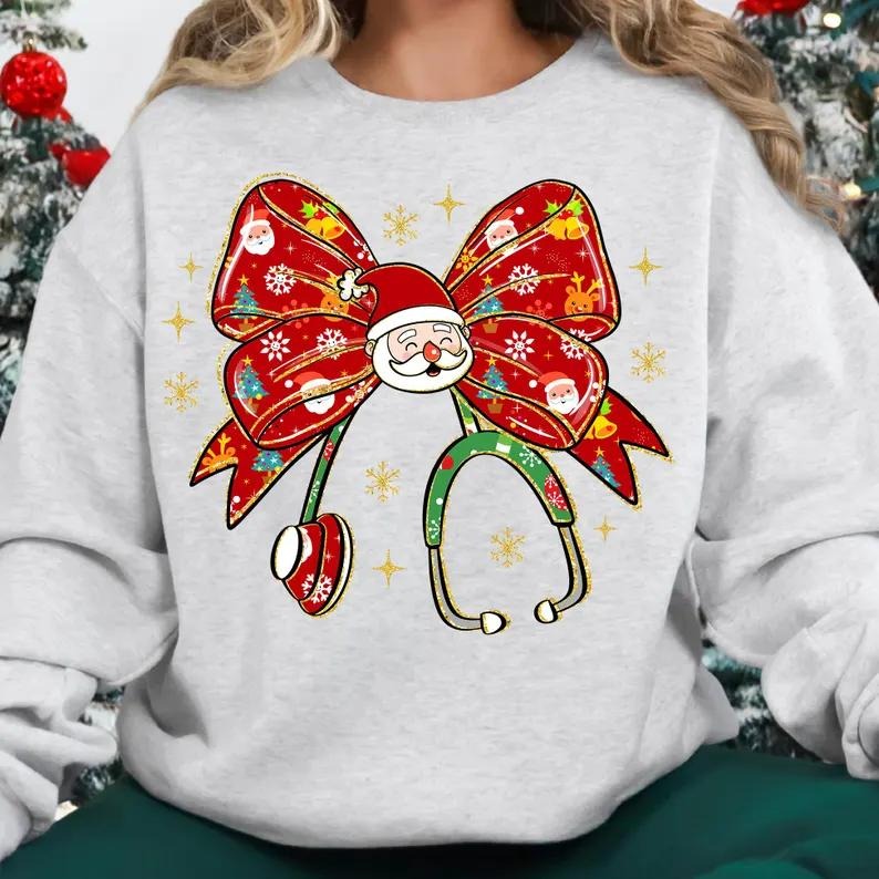 Christmas Stethoscope Bow Nurse Sweatshirt, Cute Santa Nurse Tee, Preppy Nurse Life T-Shirt, Coquette Christmas Nurse...
