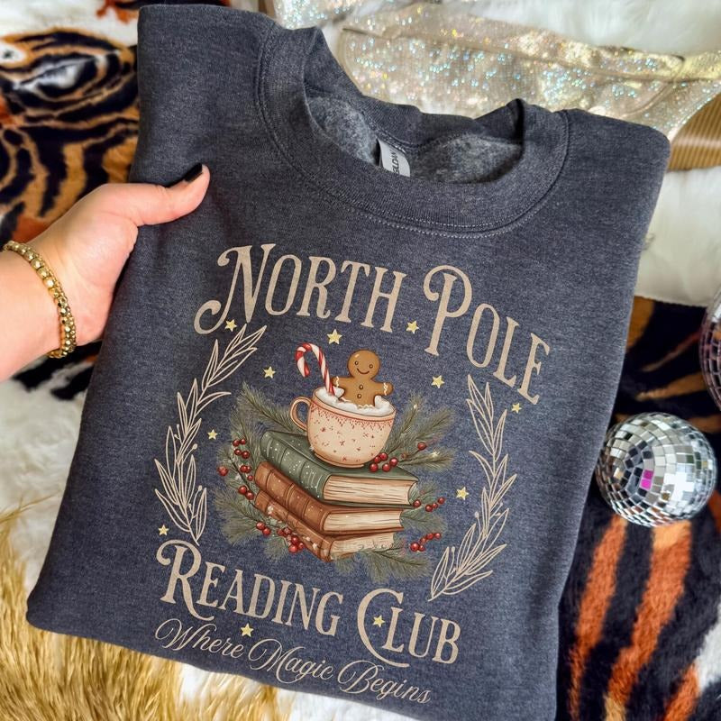 Christmas Sweatshirt North Pole Reading Club Retro Books and Coffee Sweater, Trendy Winter Sweatshirt, Holiday...