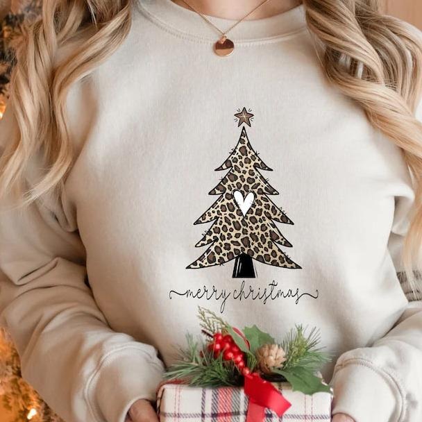 Christmas Tree Leopard Sweatshirt, Festive Christmas Tee, Leopard Print Holiday Shirt, Cozy Christmas Tree Sweater, Cute...